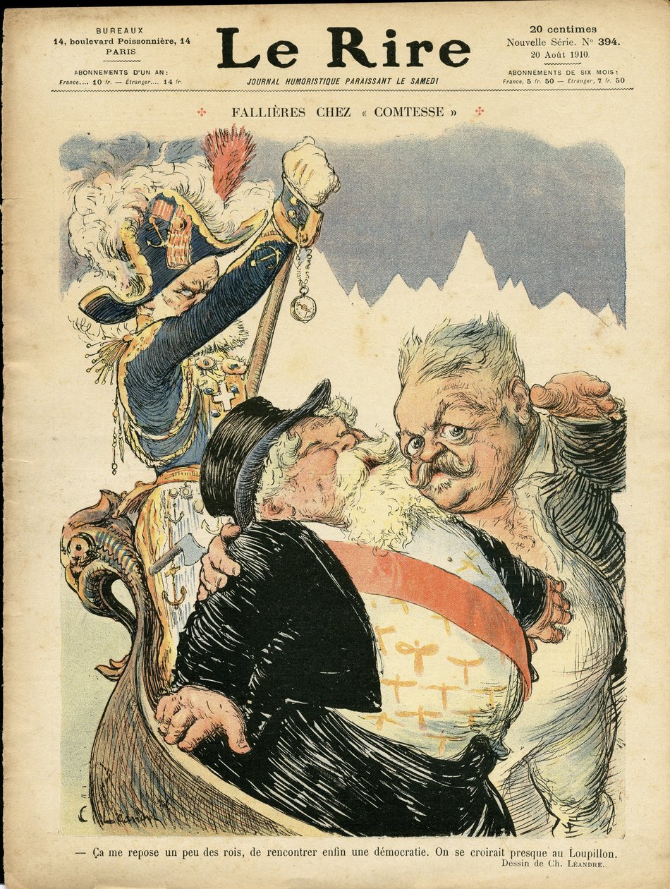 Illustration av Charles Leandre (1862-1934) för omslaget till Le Rire, 20/08/10 - Fallieres hos grevinnan - Italien, republikens president, Chapeau, Identifier, Venedig - Fallieres Armand (1841-1931) av Charles Leandre