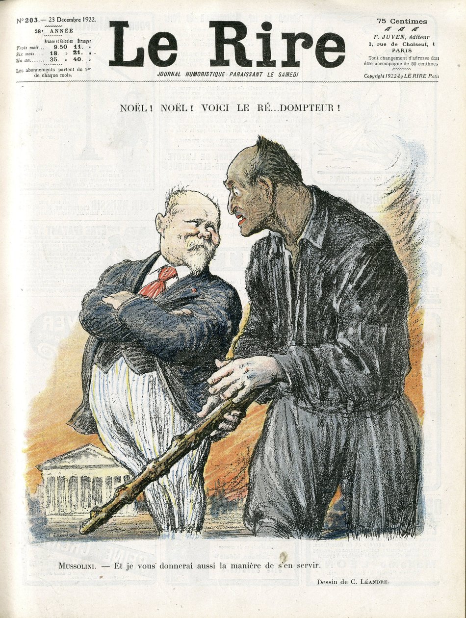 Illustration av Charles Leandre (1862-1934) för omslaget till Le Rire, 23/12/22 - Noel Noel - Republikens president - Poincare Raymond, Mussolini Benito, Tamer av Charles Leandre