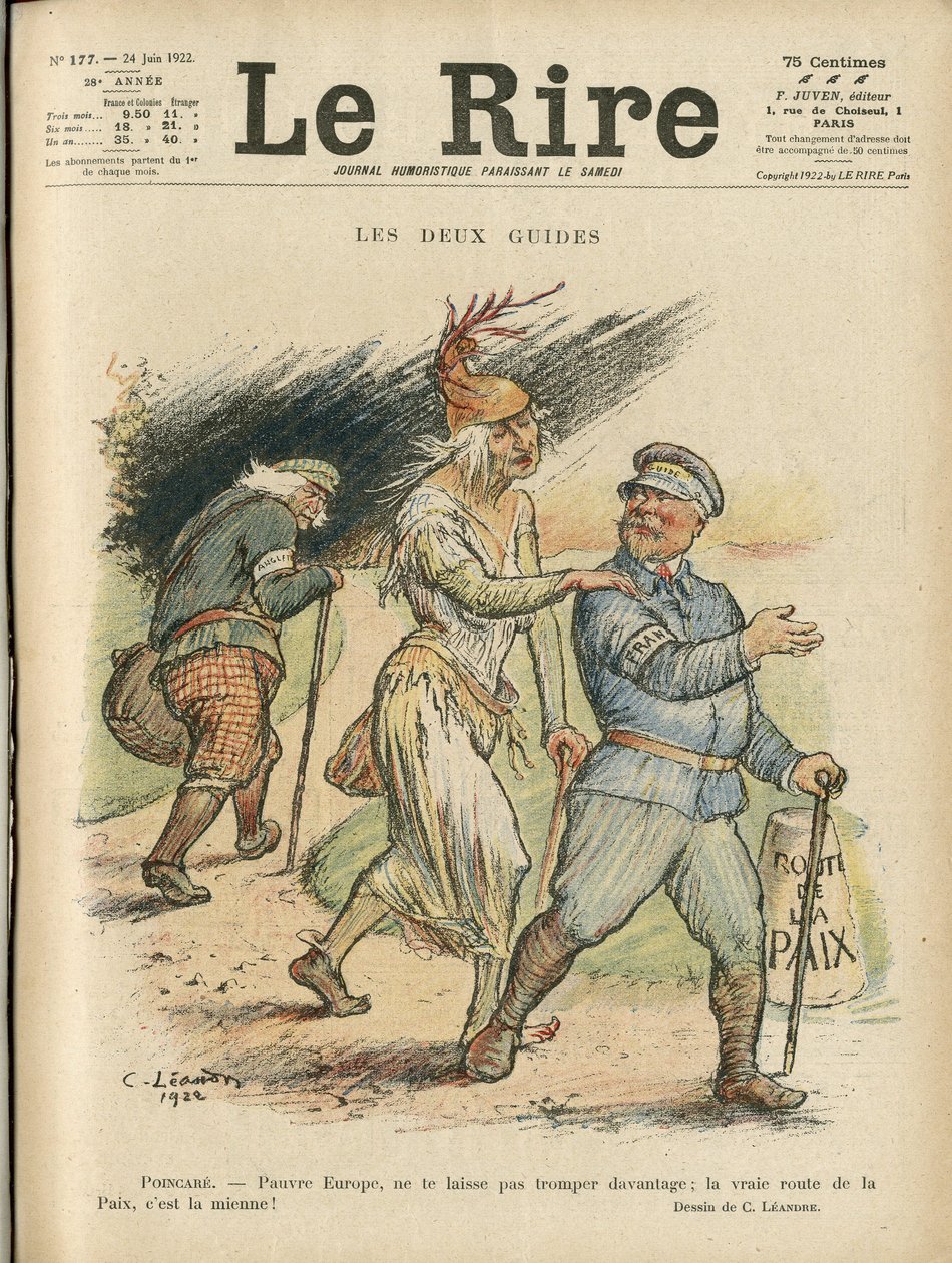 Illustration av Charles Leandre (1862-1934) för omslaget till Le Rire, 24/06/22 - De två guiderna - England Storbritannien, Europa, republikens president, Peace, Chapeau - Poinsare Raymond, David Lloyd George (1863- 1945) av Charles Leandre