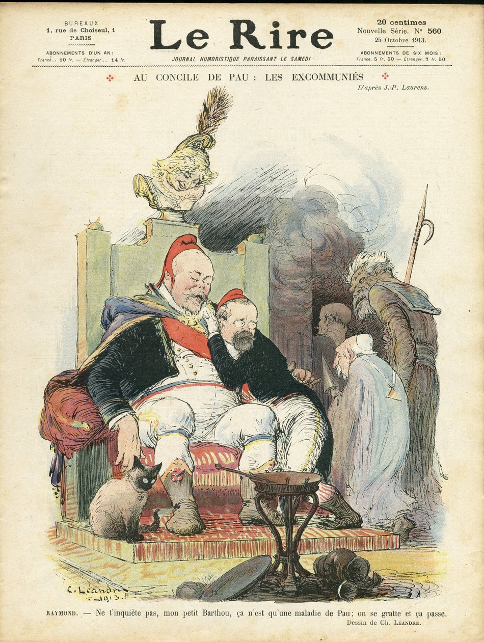 Illustration av Charles Leandre (1862-1934) för omslaget till Le Rire, 25/10/13 - Vid konciliet i Pau: excommunies - Religion Faith, republikens president, Chapeau, Fåtölj (symbol för makt) - Combes Emile (1835-1921), Marianne, Poincare Raymond, av Charles Leandre