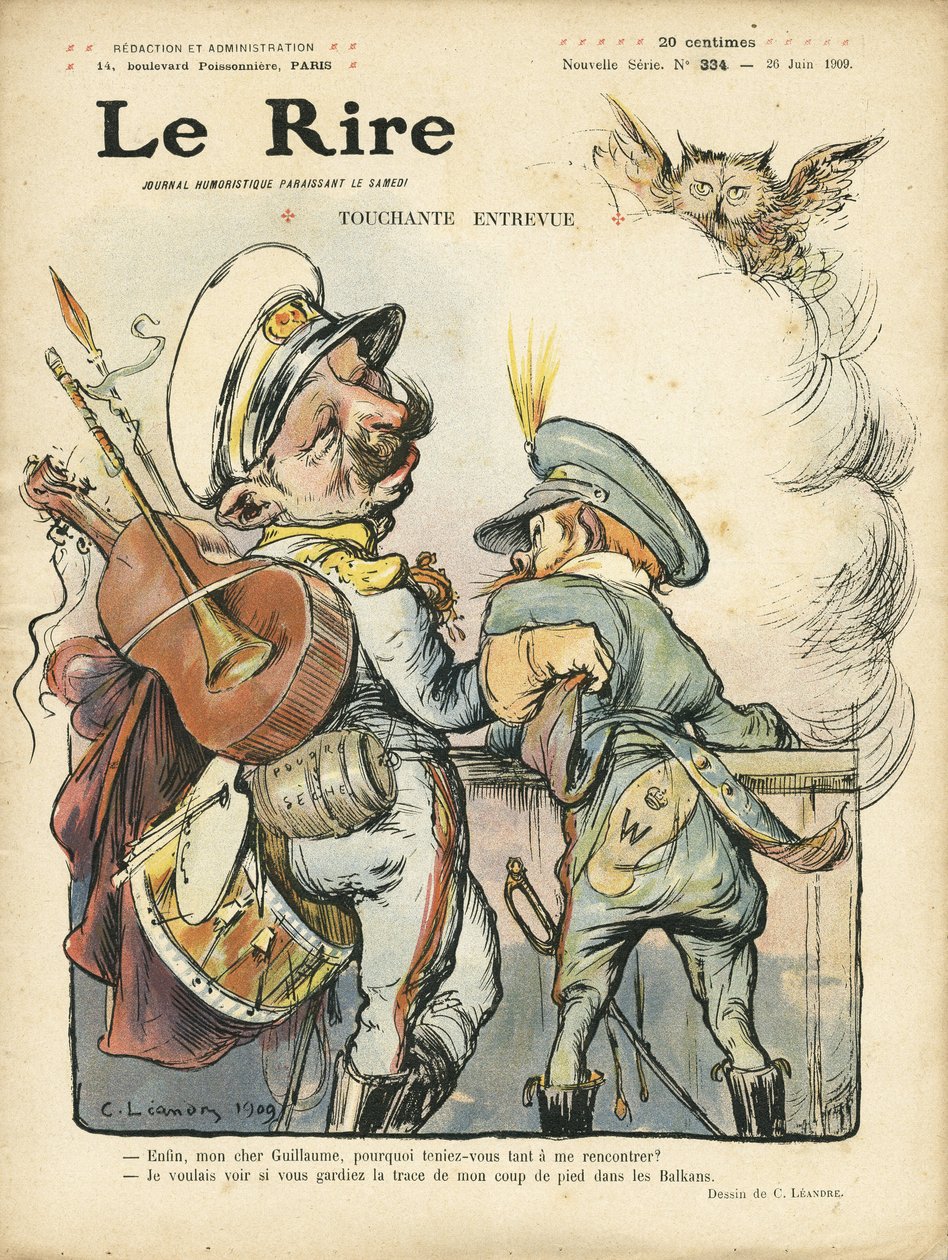 Illustration av Charles Leandre (1862-1934) för omslaget till Le Rire, 26/06/09 - Touchante-intervju - Musik, gitarr - William II, Nicolas II av Charles Leandre