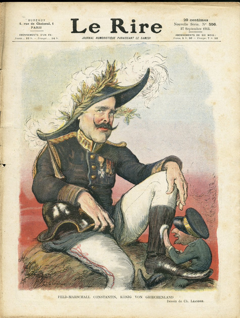 Illustration av Charles Leandre (1862-1934) för omslaget till Le Rire, 27/09/13 - Field-Marschall Constantine - Tyskland Preussen, hjälm med Pointe, Armee, Grekland - Ferdinand av Bulgarien (1816-1948), Konstantin Constantin 1:a (1868-1923) - Skoputsning av Charles Leandre