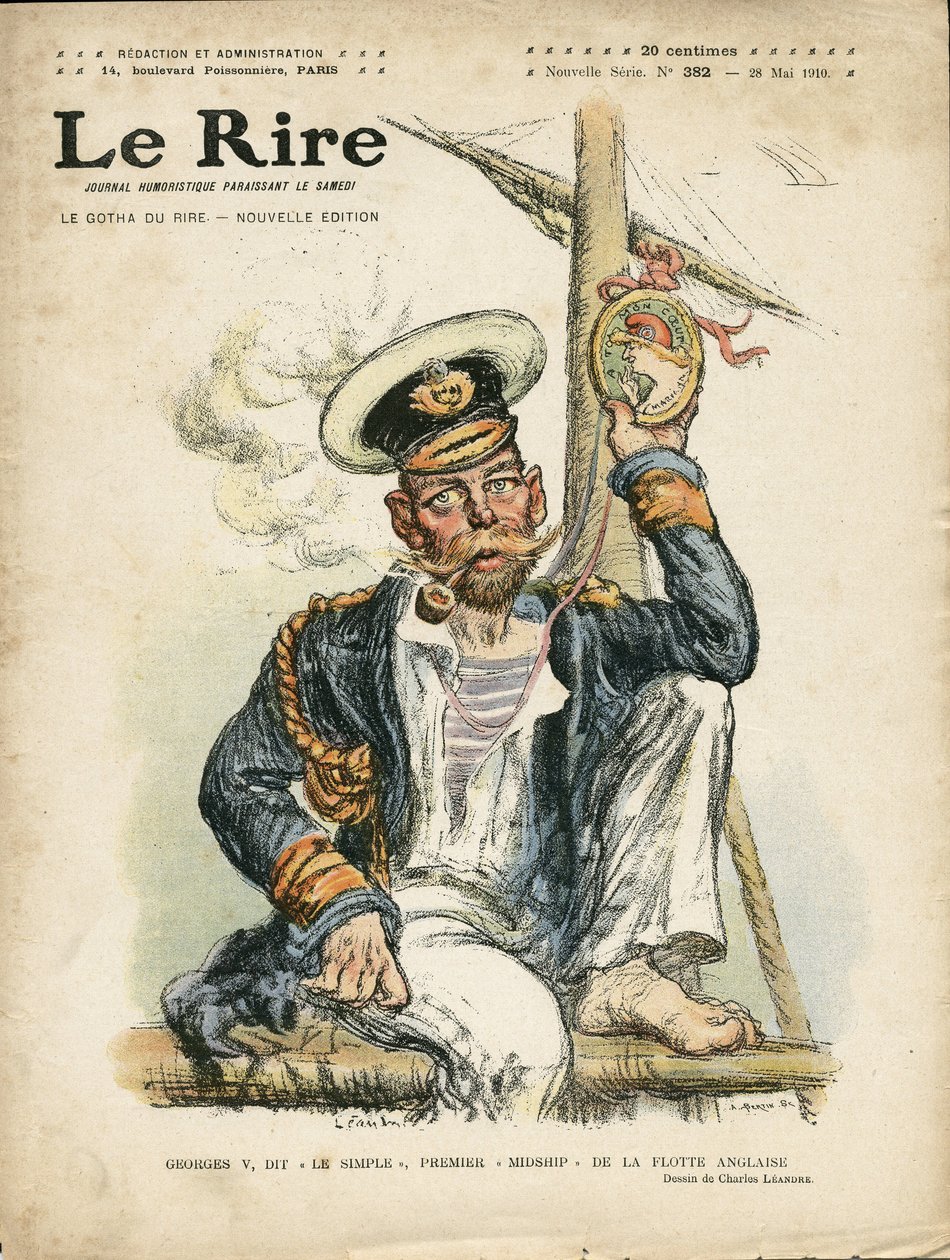 Illustration av Charles Leandre (1862-1934) för omslaget till Le Rire, 28/05/10 - England Storbritannien, Folie, Maritime Marine Seaside, Rökning, Tobak - George V (1865-1936) av Charles Leandre