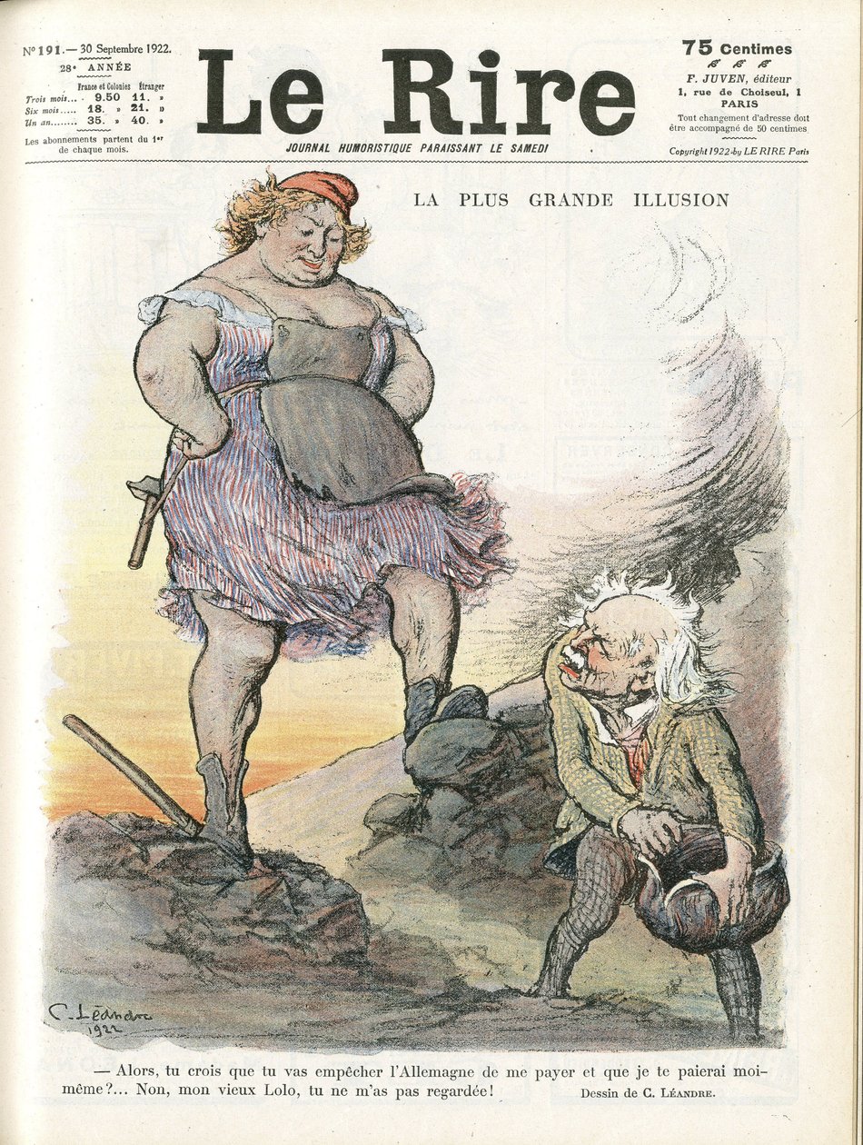 Illustration av Charles Leandre (1862-1934) för omslaget till Le Rire, 30/09/22 - Den största illusionen - Tyskland Preussen, England Storbritannien, Reparationer - Marianne, David Lloyd George (1863-1945) - Trivialit av Charles Leandre
