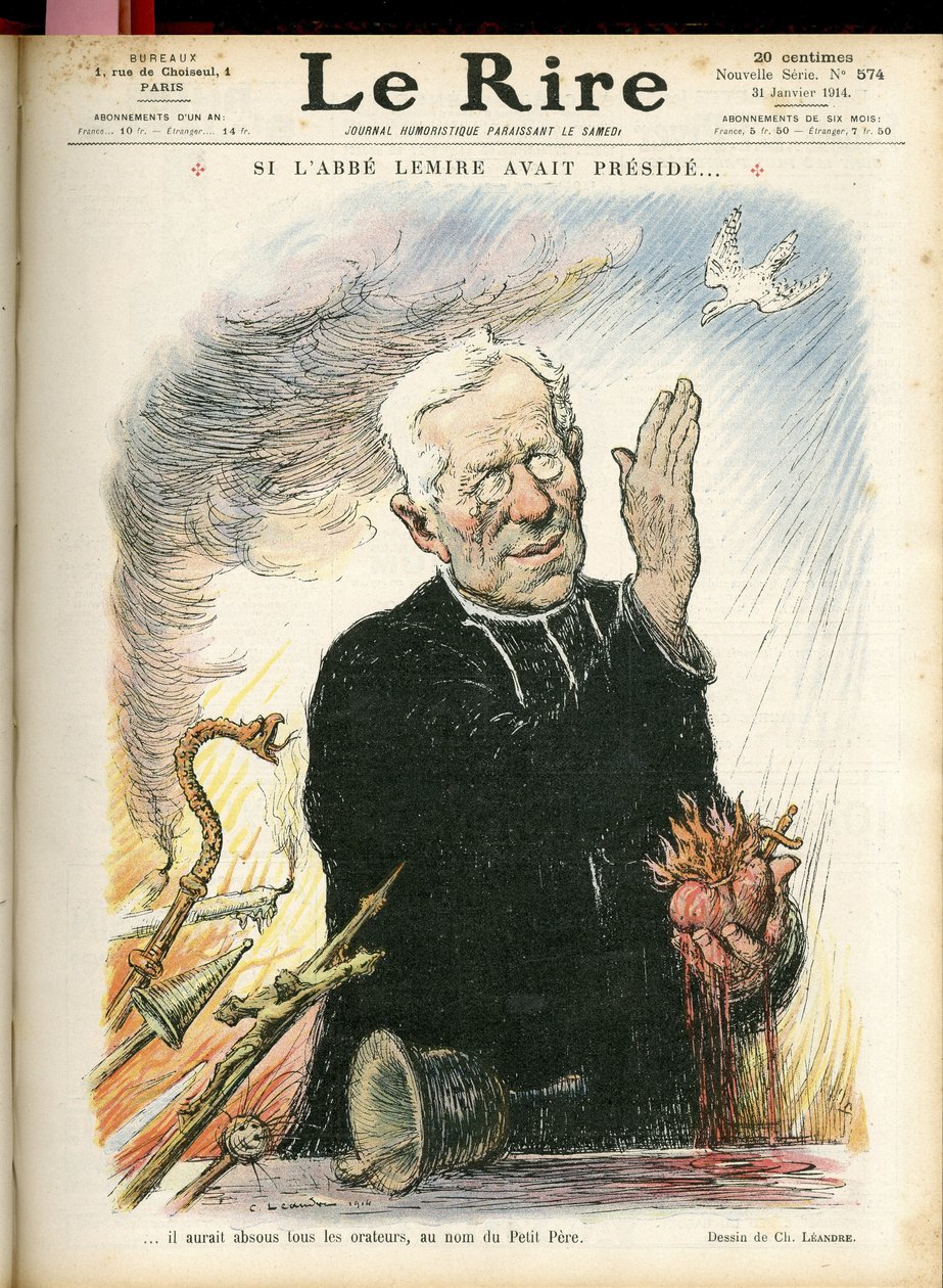 Illustration av Charles Leandre (1862-1934) för omslaget till Le Rire, 31/01/14 - Om Abbe Lemire hade presiderat... - Religion Tro - Abbe Jules Auguste Lemire (1853-1928) av Charles Leandre