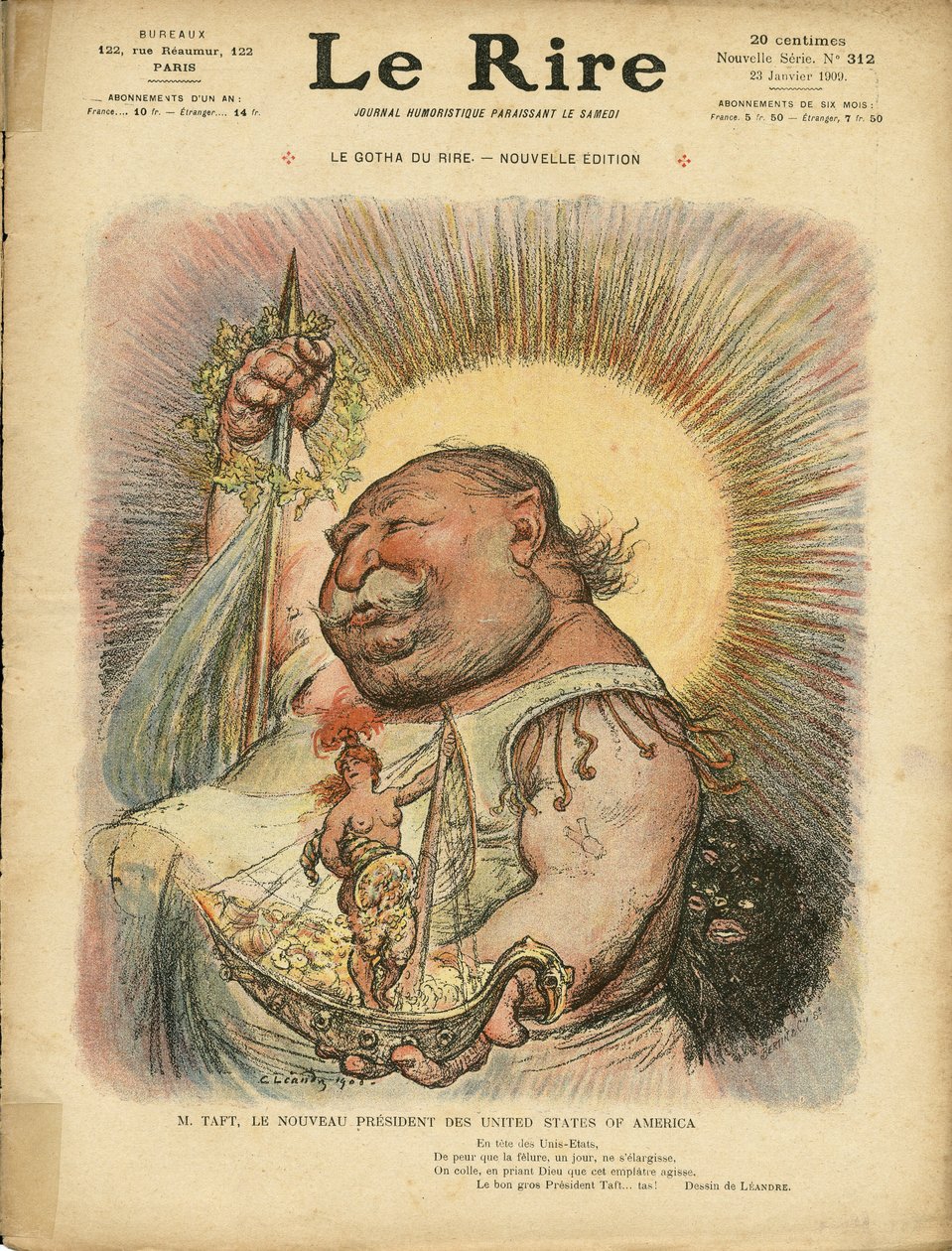 Illustration av Charles Leandre (1862-1934) för omslaget till Le Rire, nr. 312, 01/23/09 - Amerikas förenta stater Amerikas förenta stater - William Howard Taft (1857-1930), president av Charles Leandre