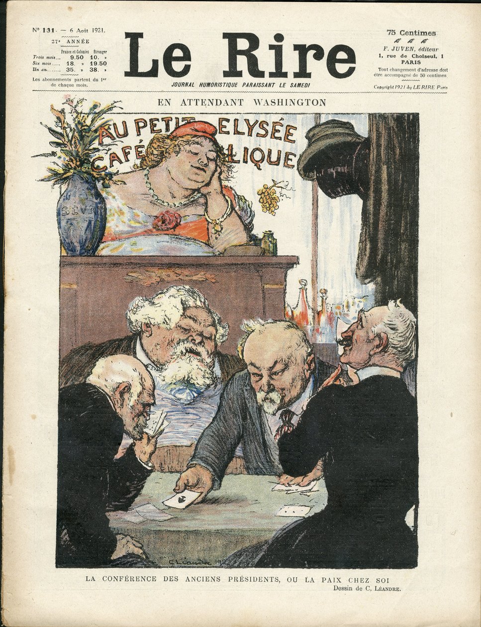Illustration av Charles Leandre (1862-1934) i Le Lire, 06/08/21 - Under tiden Washington - Val, republikens president - Marianne, Fallieres Armand, Poinsare Raymond, Deschanel Paul - Kortspel av Charles Leandre