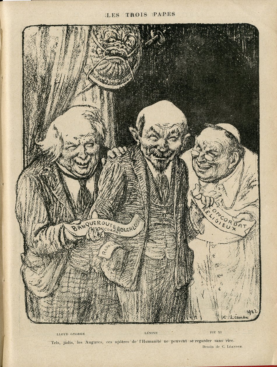 Illustration av Charles Leandre (1862-1934) i Le Rire, 03/06/22 - The Three Popes - England Storbritannien, U.S.R., Verifieringsdatum, Reichstag - Lenine, Lloyd George, Pius XI av Charles Leandre