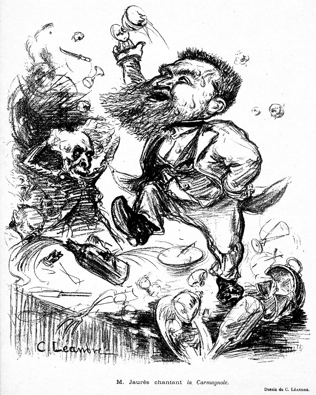 Jean Jaures dansar och sjunger Carmagnole på ett bankettbord (förmodligen berusad) bild i Le Rire nr 105 den 7 november av Charles Leandre