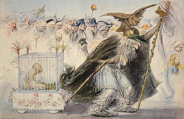 Censuren (Madame Anastasie) drar den fängslade kärleken, följt av kohorten av rättfärdiga människor av Charles Leandre