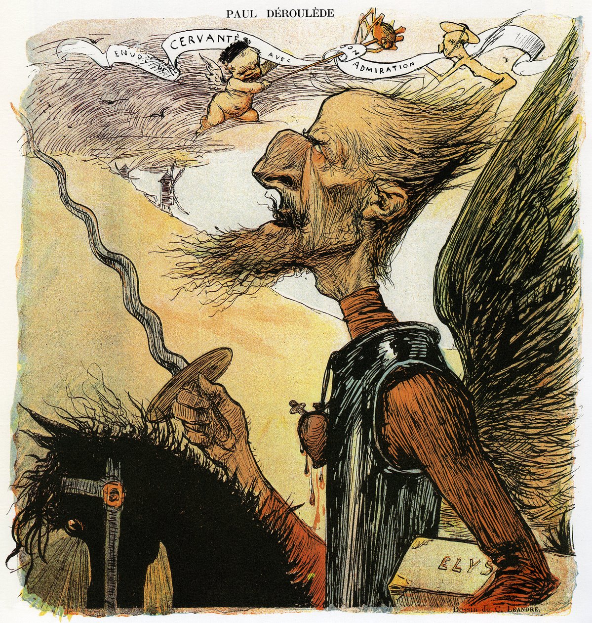 Paul Deroulede (1846-1914), fransk författare och nationalistisk aktivist, en viktig aktör inom antidreyfusism, karikatyr av Charles Leandre som riddare Don Quijote: han kommer att slåss mot väderkvarnar och bär under armen en resväska märkt "Elysee"" - Dr av Charles Leandre