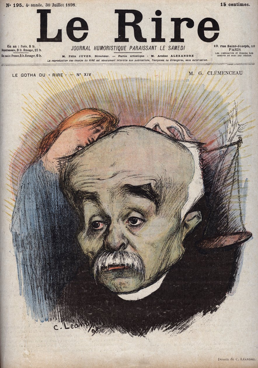 Porträtt av Georges Clemenceau (1841-1929) - saldot hänvisar till tidningen La Justice"" och dess chef, Cornelius Herz, som hade fått pengar från Clemenceau - karikatyr av Charles Leandre (1862-1934) i "" Le Rire"" ” den 30 juli av Charles Leandre