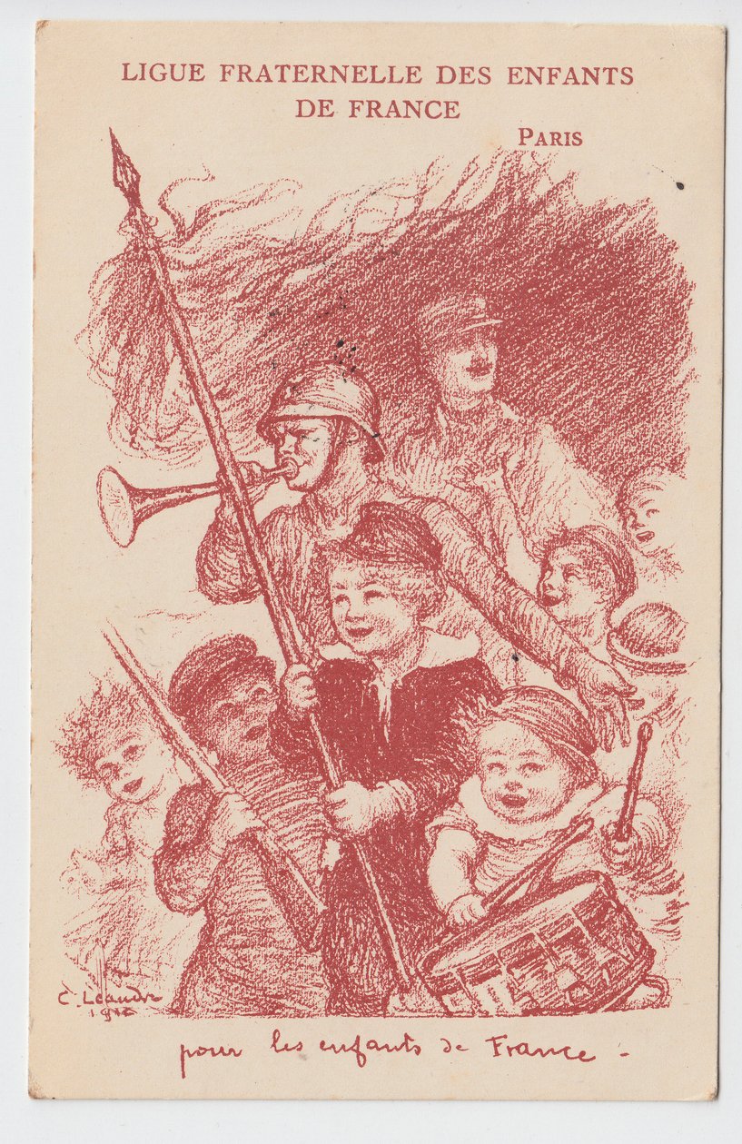 Vykort, Satirical in Colours: Fraternal League of the Children of France - War of 14 -18, Childhood, Patriotic Days Illustration av Charles Leandre (1862-1934) av Charles Leandre