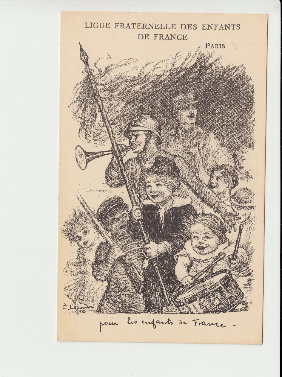 Vykort, satirisk i svartvitt: Frankrikes barns broderliga förbund - 14-18 års krig, musik, barndom, Frankrikes barns broderliga förbund - soldatillustration av Charles Leandre (1862-1934) av Charles Leandre