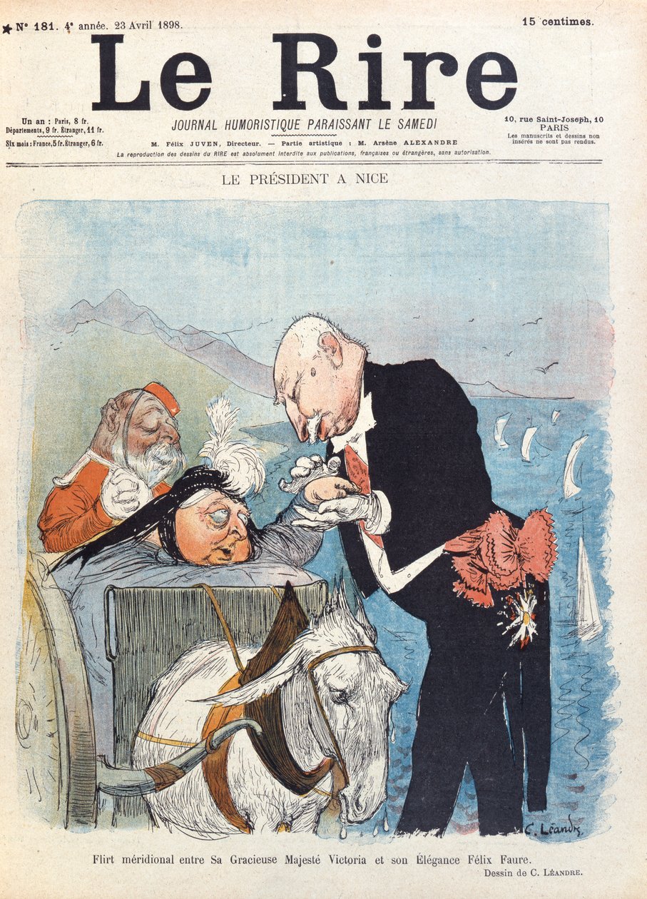 Drottning Victoria (1819-1901) flirtar med president Felix Faure (1841-99) när hon är på semester i Nice, omslaget till tidningen "Le Rire", 23 april 1898 av Charles Leandre