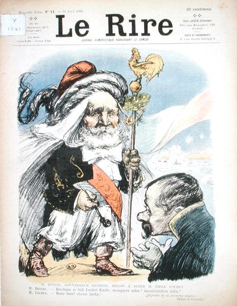 Mottagande av president Emile Loubet (1838-1929) av Algeriets generalguvernör, A.J.P. Revoil, karikatyr från 