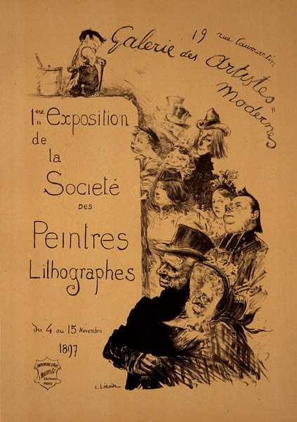 Reproduktion av en affisch som annonserar "The Society of Lithography Painters Exhibition" på Galerie des Artistes Modernes, Paris av Charles Leandre