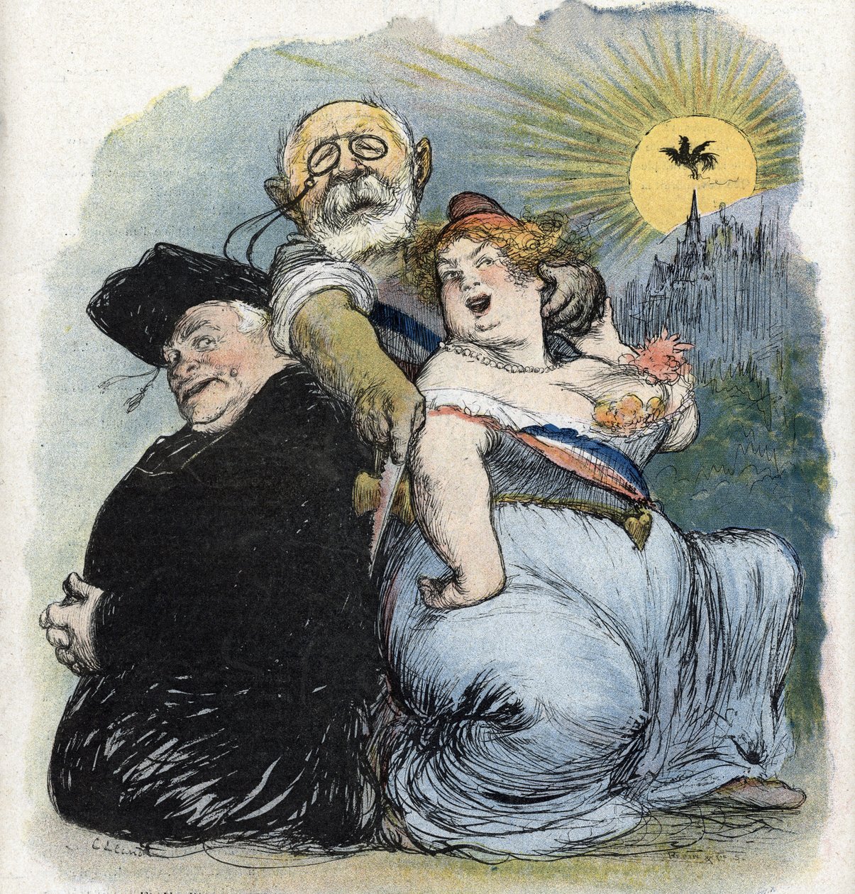 Separation från kyrka och stat: "" den franske politikern Jean-Bienvenu Martin (Bienvenu-Martin) (1847-1943), minister för offentlig undervisning, konst och gudstjänst, som desperat försöker skilja kyrkan som en präst i Frankrike (fransk separation) av chu av Charles Leandre