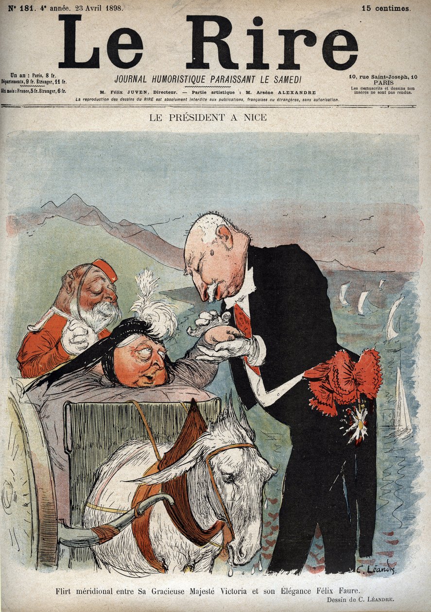 Presidenten i Nice - Frankrikes president Felix Faure träffade drottning Victoria i Nice - Tecknad av Charles Leandre (1862-1934) i "" Le Rire"" den 23 april 1898 av Charles Leandre