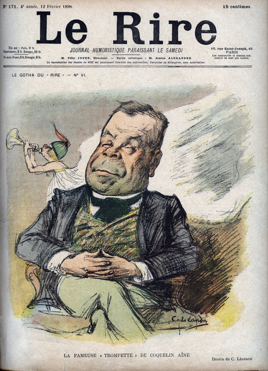 Den berömda trumpeten av Poppy Aine - Porträtt av Constant Poppy kallad Aine Poppy (1841-1904) - - karikatyr av Charles Leandre (1862-1934) i "" The Laughter"" den 12 februari av Charles Leandre