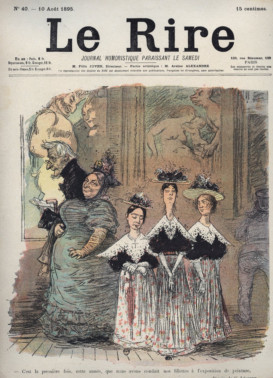 Det är första gången, i år, som vi har lett våra flickor till målningsutställningen - karikatyr av Charles Leandre (1862-1934) i "" Le Rire""" den 10 augusti av Charles Leandre