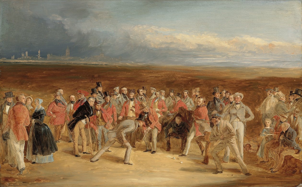 Den färdiga sketchen för The Golfers: A Grand Match som spelas på St. Andrews Links av Sir David Baird, Bt. och Sir Ralph Anstruther, Bt. av Balcaskie, mot Major Playfair och John Campbell, Esq., av Glensaddell, 1850 av Charles Lees