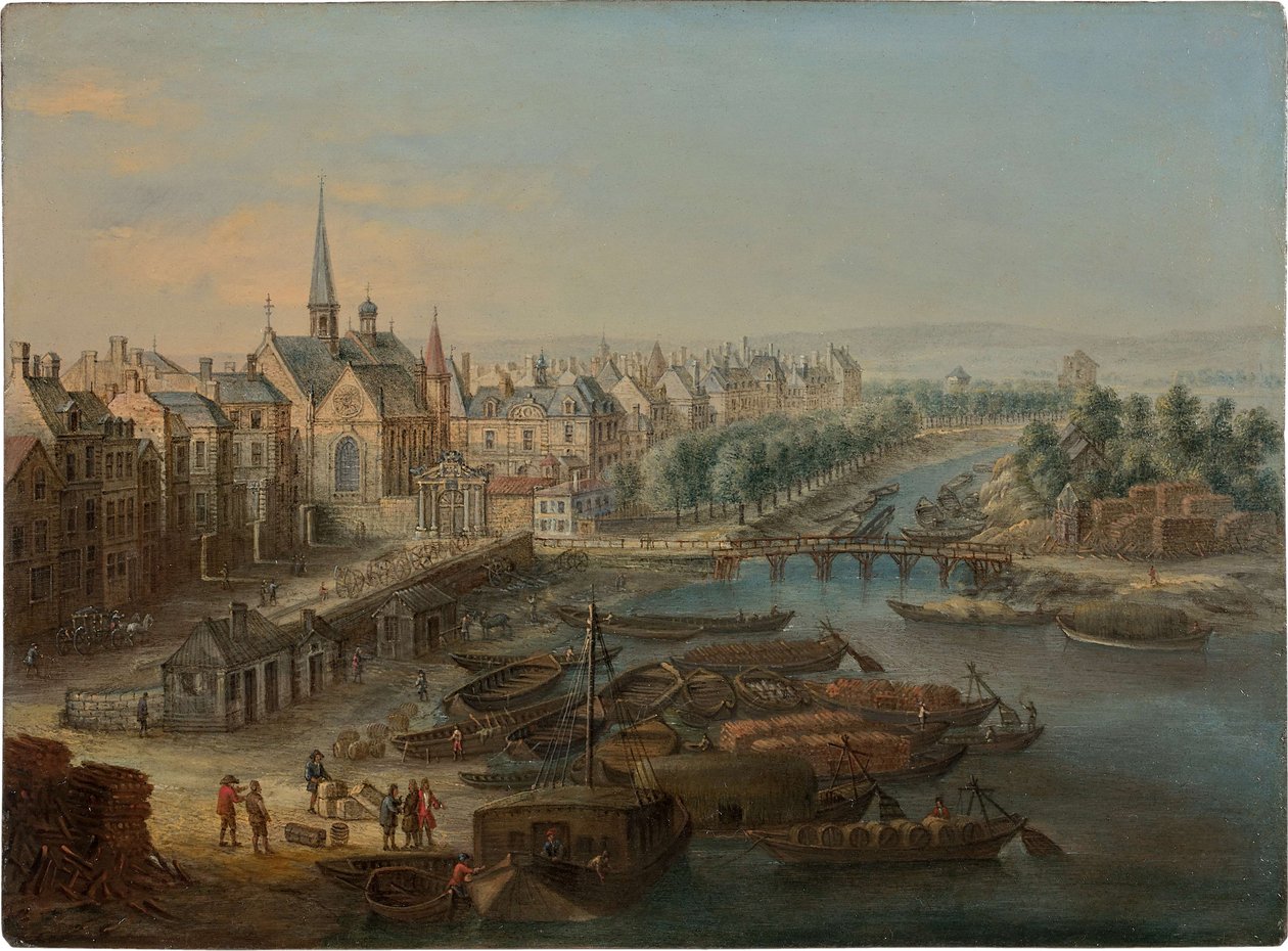 Utsikt över Arsenalen, hamnen Saint Paul och quai des Célestins i Paris, 1730-talet. av Charles Léopold van Grevenbroeck