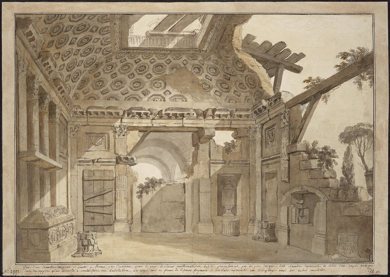 Design för målningarna i fader Lesueurs cell i klostret Santissima Trinita dei Monti i Rom - Charles Louis Clerisseau (1722-1820). Penna, pensel, grått och brunt bläck, vit färg på papper, ca 1760. Mått: 36,9x53 cm. State Hermitage, av Charles Louis Clerisseau