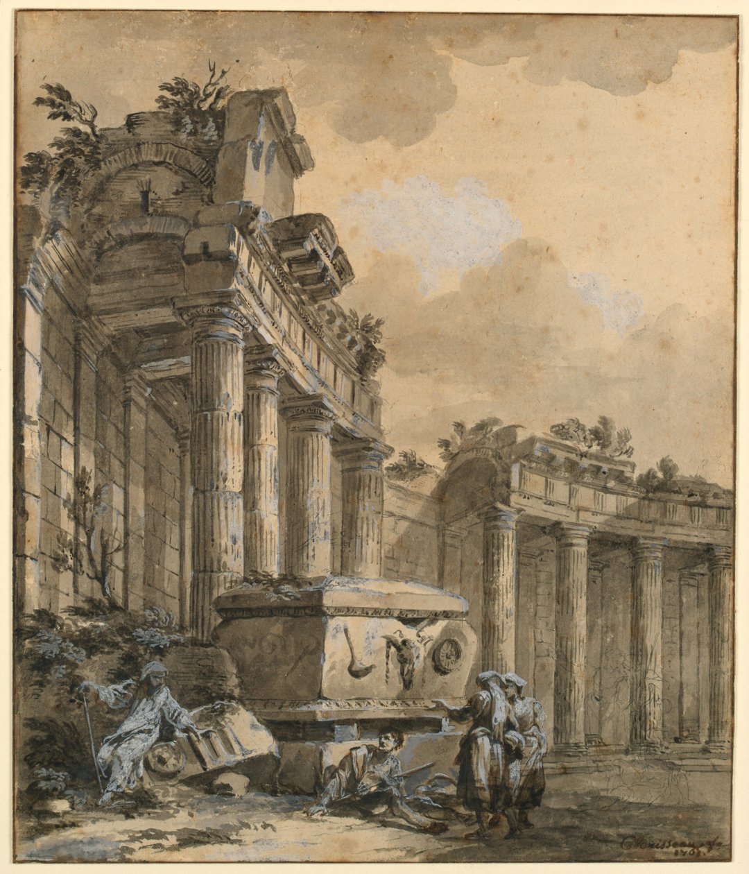 Teckning, Figurer vid en ruinerad kolonnad, 1761 av Charles Louis Clerisseau