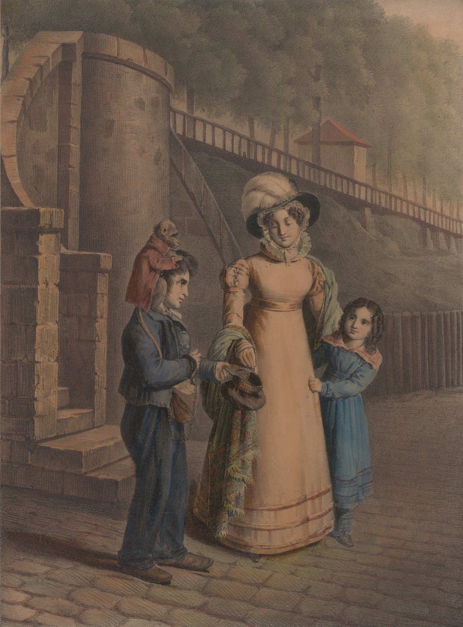 Pojke med en apa på axeln som tar emot mynt från en mor och dotter, 1803-40. av Charles Louis Constans