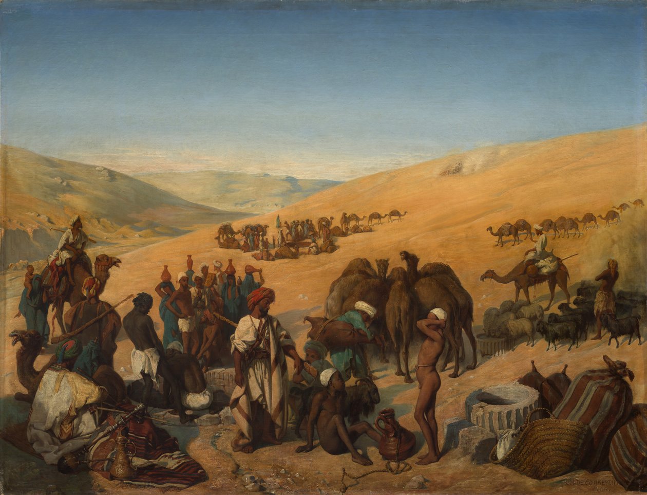 Stopp av karavaner vid brunnarna i Saba Beersheba i öknen söder om Hebron, 1850. av Charles Louis Fredy de Coubertin