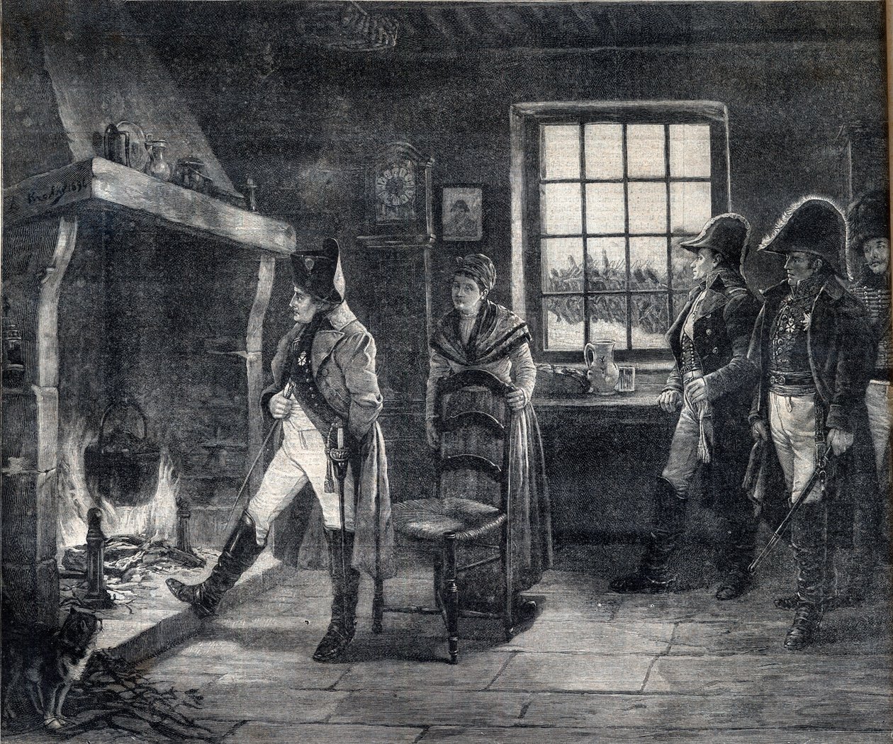 Kejsar Napoleon I värmer sig vid en vedeld i ett snölandskap - Napoleon efter slaget vid Waterloo 1814 - gravyr efter målningen av Charles Louis (Charles-Louis) Kratke (1848-1921) av Charles Louis Kratke