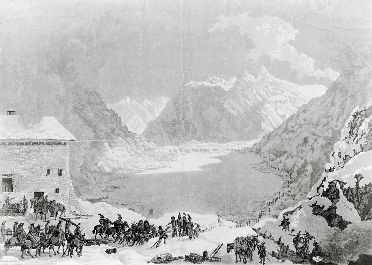 Franska armén av förste konsul Napoleon Bonaparte (1769-1821) vid Great St Bernard Pass Hospice, 20 maj av Charles Louis Lucien Muller