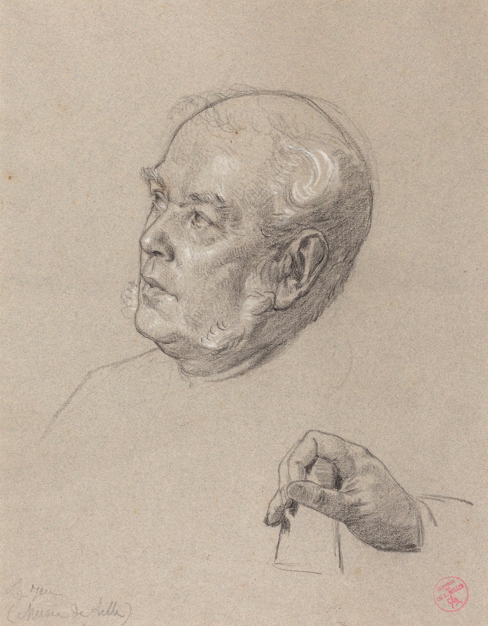 Huvud och hand av en man som kastar tärningar av Charles Louis Lucien Muller