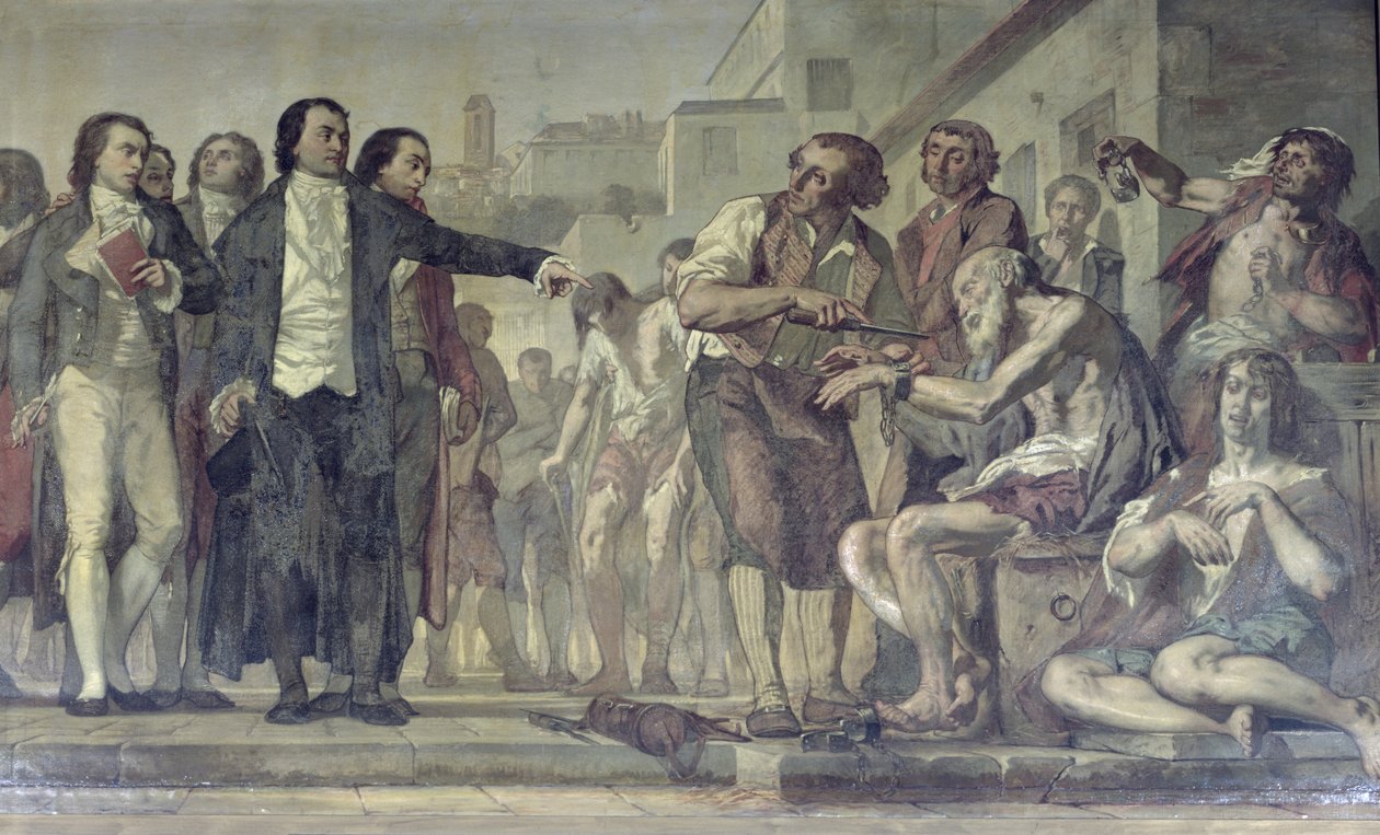 Philippe Pinel 1745-1826 släppte galningar från sina kedjor på asylanstalten Bicetre i Paris 1793, ca 1840-50 olja på duk detalj från 163956 av Charles Louis Lucien Muller