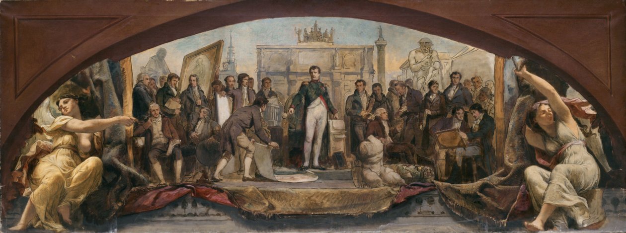 Skiss till Denon-paviljongen i Louvren: Les quatre âges artistiques de la France - Présentation des plans à Napoléon, ca 1864 (olja på duk) av Charles Louis Lucien Muller