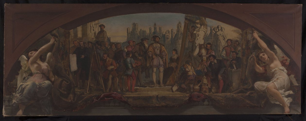 Skiss till Denon-paviljongen i Louvren: Les quatre âges de la vie artistique en France - Presentation för Frans I av planerna för Château de Fontainebleau, ca 1864 (olja på duk) av Charles Louis Lucien Muller