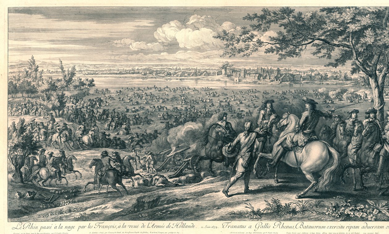 De Franse legers steken bij Lobith de Rijn över, 1672 Rhen simmade av fransmännen, vid åsynen av Army of Holland (titel på objektet) av Charles Louis Simonneau