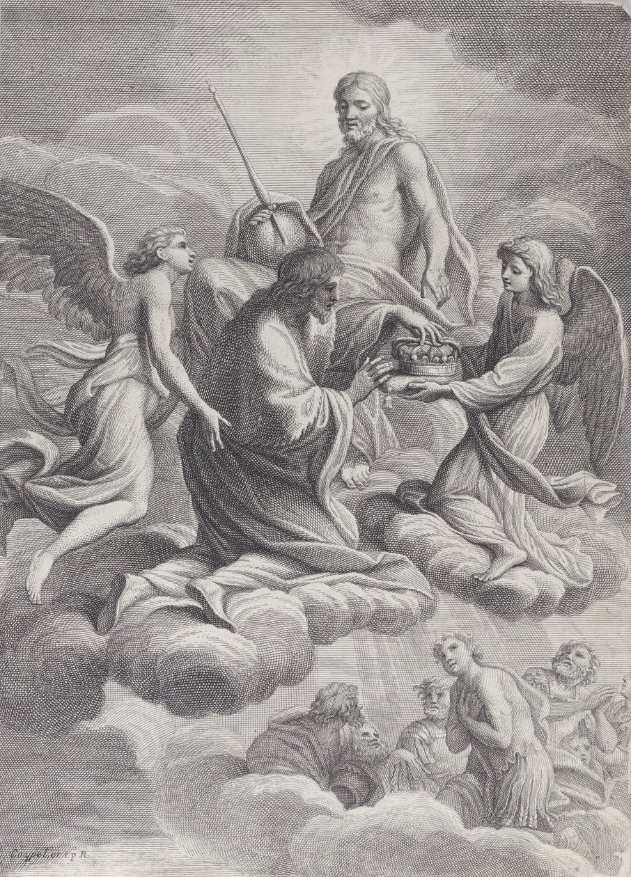 Saint Louis av Frankrike tog emot till himlen av Kristus och två änglar som erbjuder honom c..., 1671-80. av Charles Louis Simonneau