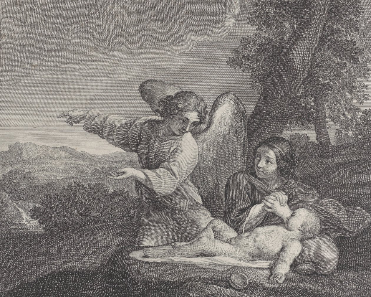 Ängeln som visar sig för Hagar i öknen när hon lägger händerna bredvid sömnen..., 1700-28. av Charles Louis Simonneau