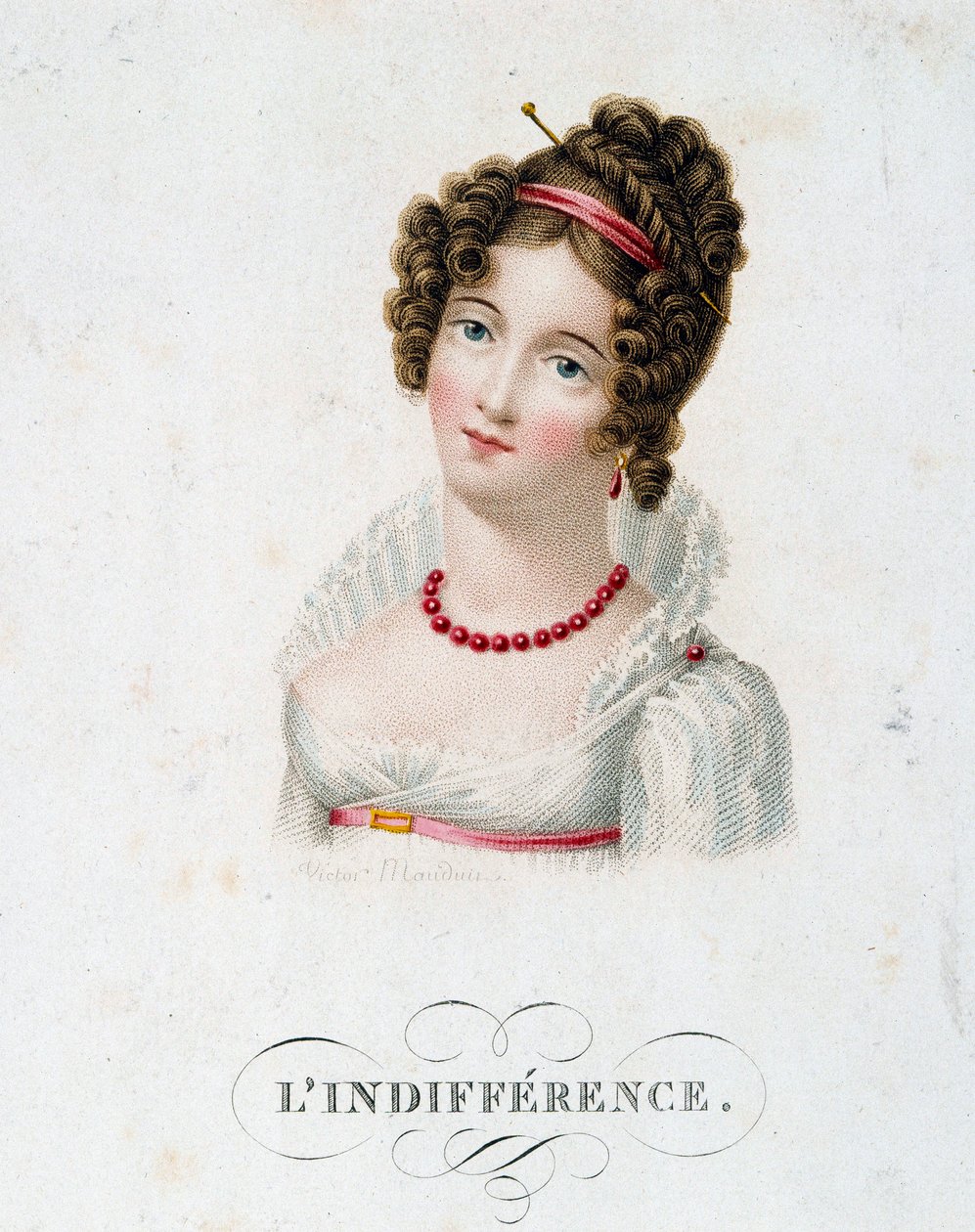Likgiltigheten En ung kvinna klädd i mode First Empire. Litografi av Victor Mauduit (1788-?) 1800-talets Paris, dekorativ konst av Charles Louis Victor Mauduit