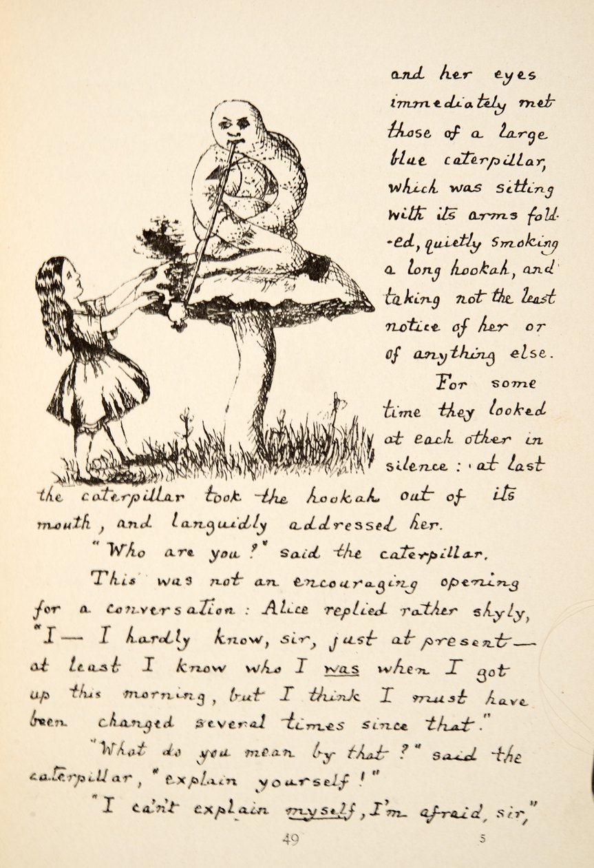 Alice gets advice from the Blue Caterpillar, illustration from Alices Adventures Under Ground, pub. 1886 (facsimile) av Charles Lutwidge Dodgson