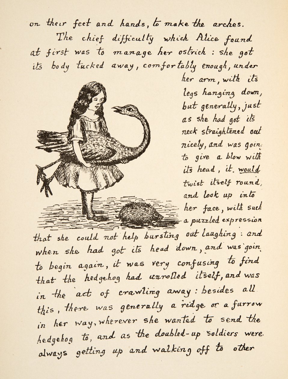 Alice holding her Ostrich, illustration from Alices Adventures Under Ground, pub. 1886 (facsimile) av Charles Lutwidge Dodgson