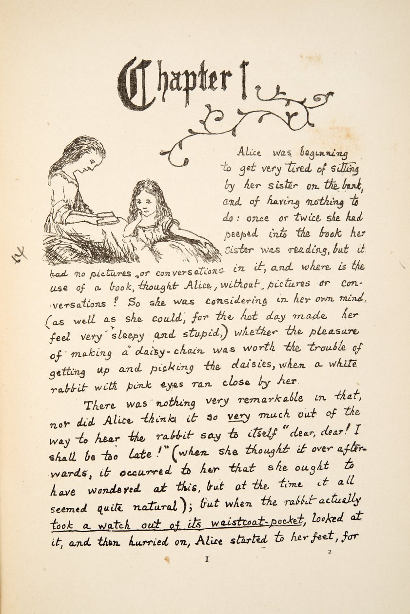 Alice med sin syster, illustration från Alices Adventures Under Ground, pub. 1886 (faksimil) av Charles Lutwidge Dodgson