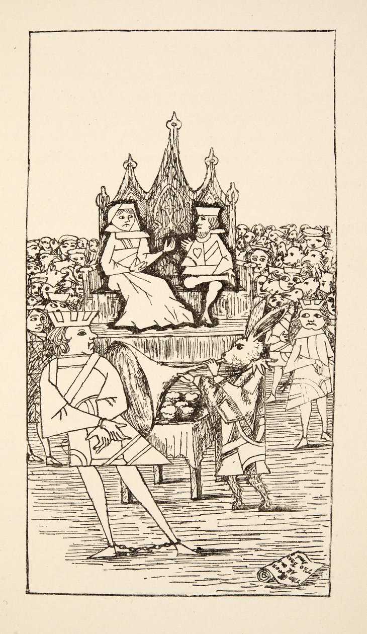 Rättegång av hjärtans knep, illustration från Alices Adventures Under Ground, pub. 1886 (faksimil) av Charles Lutwidge Dodgson