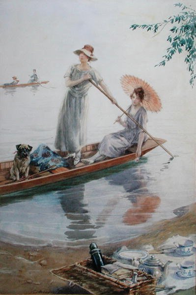 Två flickor med sin husdjursmops som paddlar tillbaka till sin picknick (akvarell på papper) av Charles MacIvor or MacIver Grierson