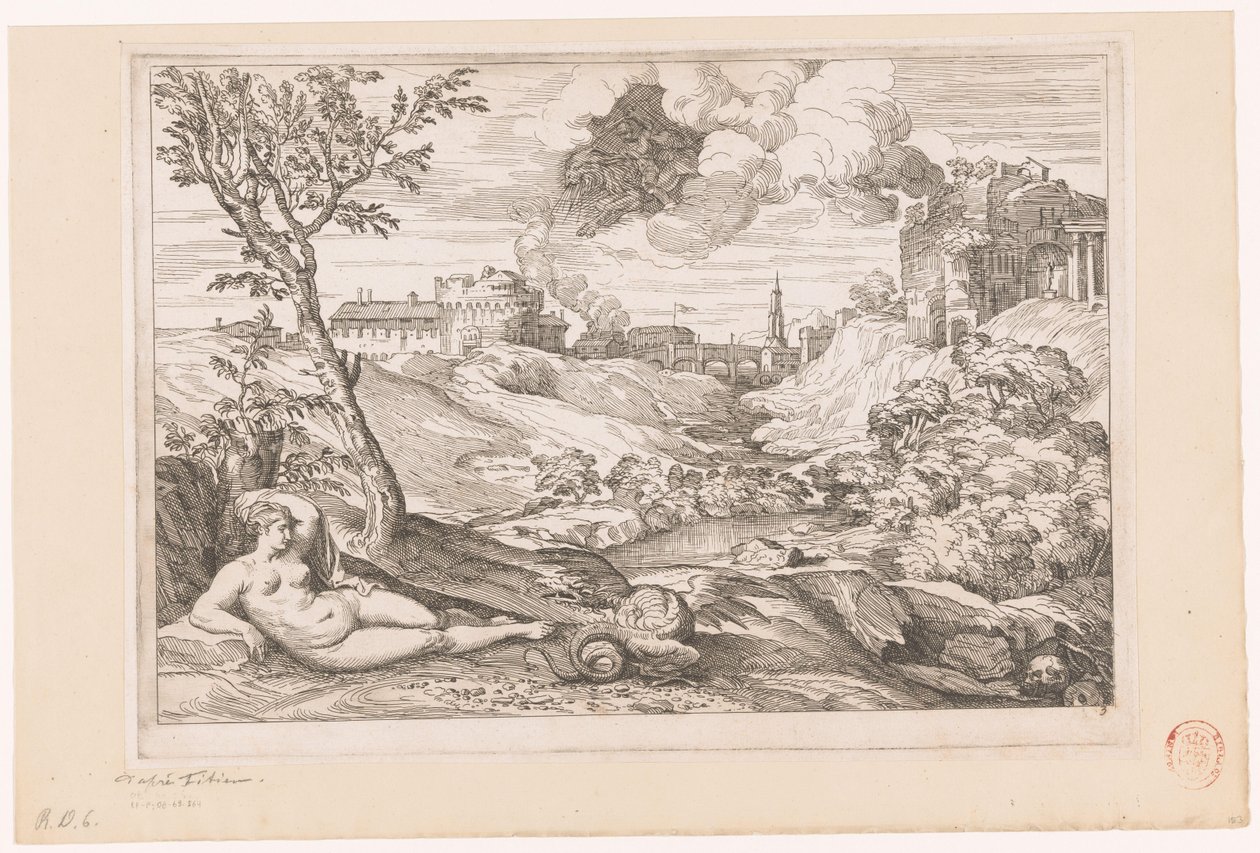 Landskap med Andromeda bevakad av draken och Perseus som flyger i ett moln av Charles Macé (attributed to)