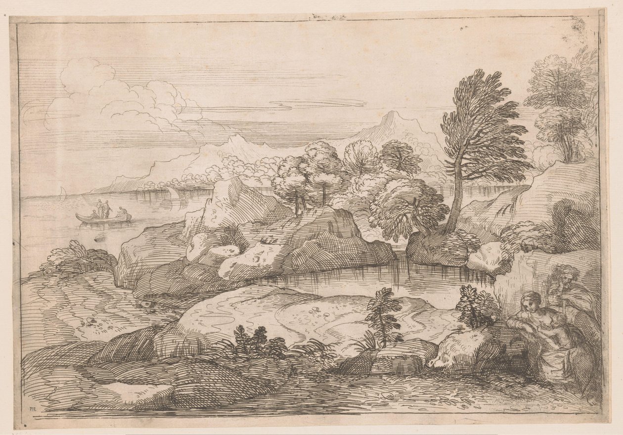 Landskap med helig familj av Charles Macé (attributed to)