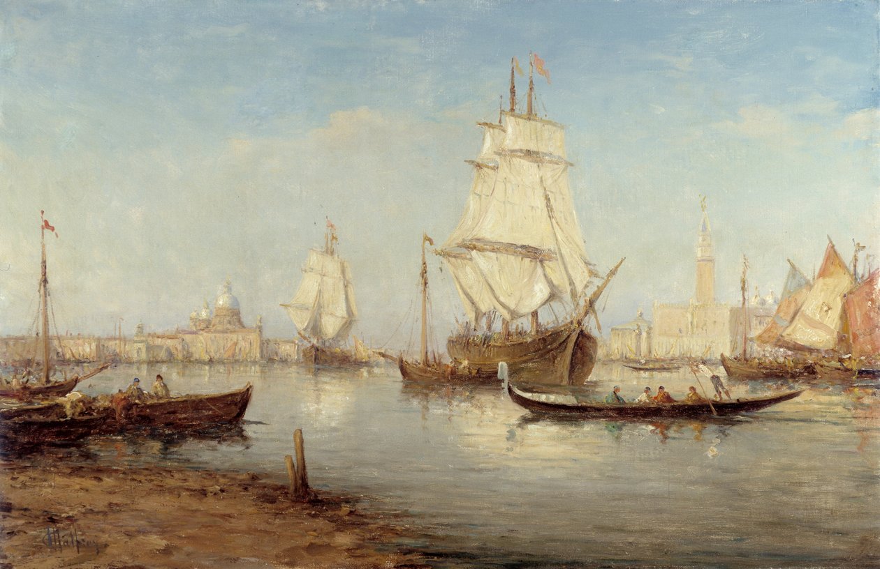 Galleoner och gondoler i San Marco-bassängen (Saint Mark a Venedig) Målning av Charles Malfroy (1862-1918) Obligatoriskt omnämnande: Samlingsstiftelsens hälsningar från Provence, Marseille av Charles Malfroy