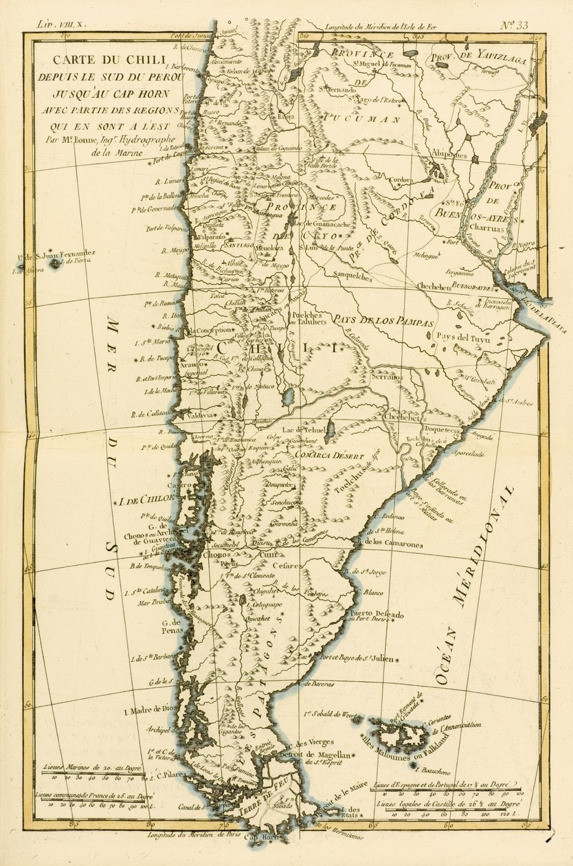 Chile, från södra Peru till Kap Horn, från "Atlas de Toutes les Parties Connues du Globe Terrestre" av Guillaume Raynal (1713-96) utgiven i Genève 1780. av Charles Marie Rigobert Bonne
